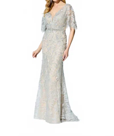 Montage By Mon Cheri Lace Trumpet Dress In Nude/silver In White