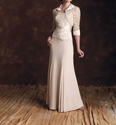 Montage By Mon Cheri Silky Crepe Suit And Mock Strapless A-line Long Dress Set In Cafe In White