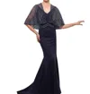 Montage By Mon Cheri Sleeveless Crepe Fit And Flare Gown With Cape In Navy In Blue