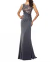 Montage By Mon Cheri Sleeveless Jersey And Lace Gown In Pewter/nude