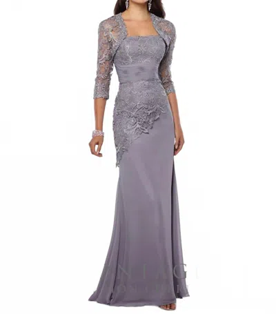 Montage By Mon Cheri Two-piece Chiffon And Venise Lace Dress Set In Grey In Animal Print