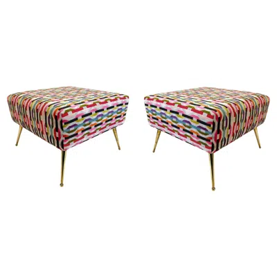Pre-owned Montage Classic Stool Pair In Textured "habanero Collection Fabric And Solid Brass Legs In Sand