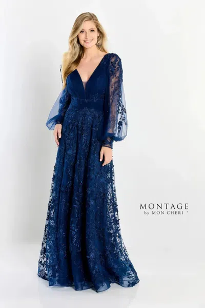 Montage M2201 A Line Gown Long Allover Lace Formal Dress In Blue