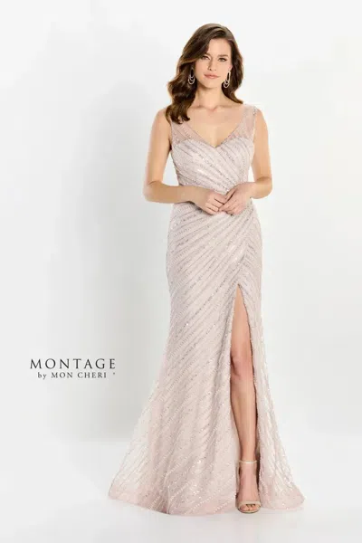 Montage M2216 Long Sequin High Slit Formal Dress In Pink
