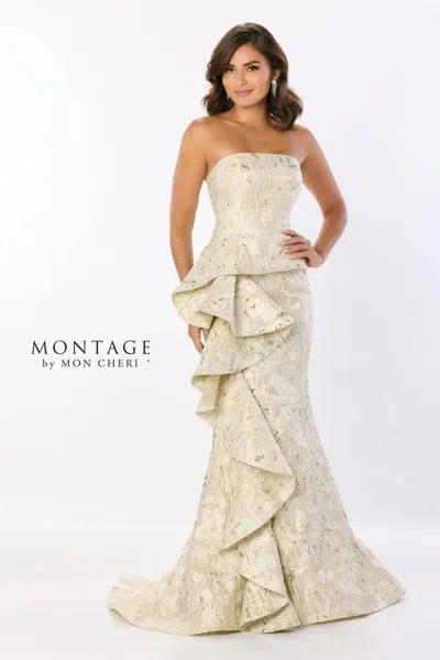 Montage M2225 Ruffle Detail Long Formal Mermaid Gown Metallic Evening Dress In Gold