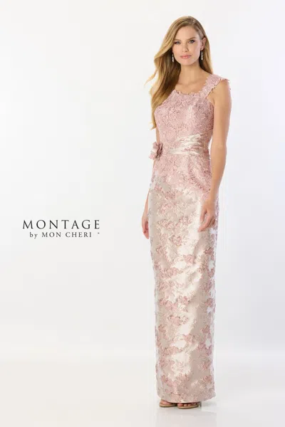 Montage M2227 Ruched Long 3d Floral Formal Dress In Pink