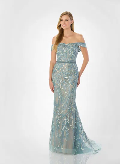 Montage M2230 Long Lace Mermaid Beaded Belt Formal Dress In Blue