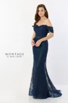 Montage M2238 Long Beaded Belt Evening Formal Dress In Blue