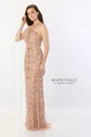 Montage M2241 Long Formal Beaded Sequin Evening Capelet Dress In Gold