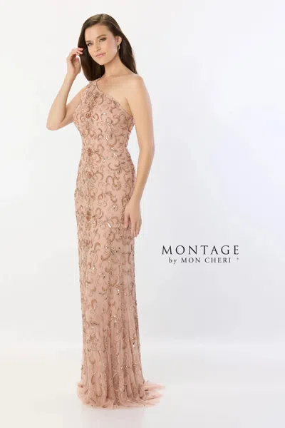 Montage M2241 Long Formal Beaded Sequin Evening Capelet Dress In Gold