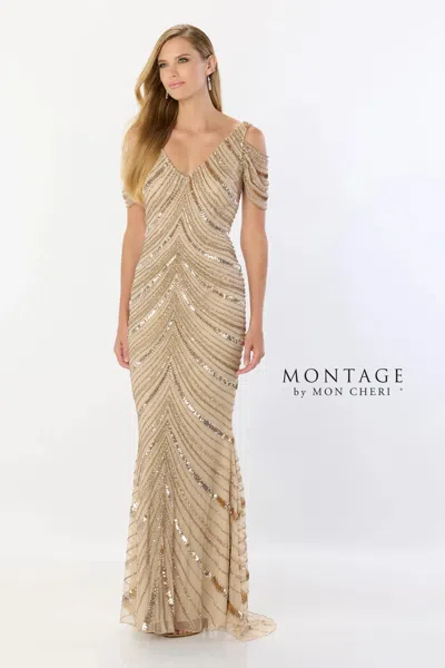 Montage M2244 Long Fitted Sequin Detachable Sleeve Formal Dress In Gold