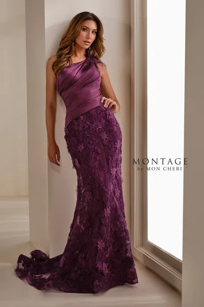 Montage M3102 Pleated Long Formal Mermaid Floral Evening Dress In Purple