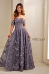 Montage M3105 Long A Line Formal Beaded Floral Evening Dress In Purple