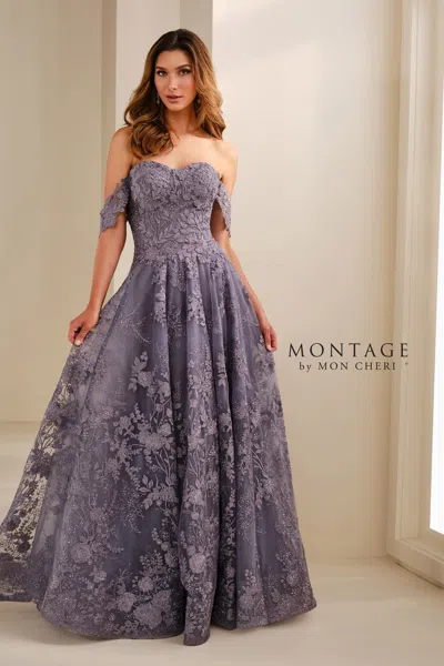 Montage M3105 Long A Line Formal Beaded Floral Evening Dress In Purple