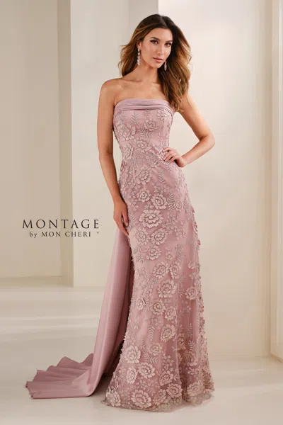 Montage M3110 Long Pleated Formal Fitted Evening Dress In Pink