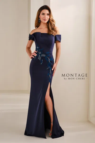 Montage M3113 Long Formal Beaded Lace Applique Evening Dress In Blue