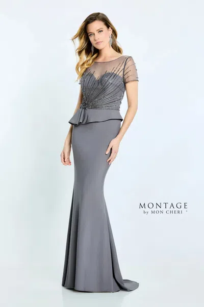 Montage M500 Beaded Long Formal Pleated Peplum Dress In Gray