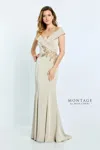 Montage M502 Pleated Long Formal Beaded Mermaid Dress In Sand