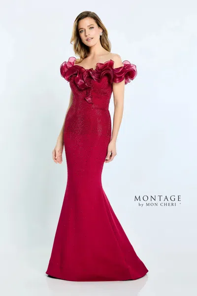 Montage M503 Mermaid Long Formal Beaded Dress In Burgundy