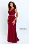 Montage M504 Long Mermaid Fit Formal Pleated Evening Dress In Burgundy