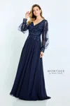 Montage M505 A Line Beaded Formal Long Sleeve Evening Dress In Blue
