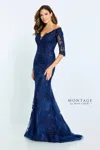 Montage M510 Long Fitted Formal Beaded Lace Evening Dress In Blue