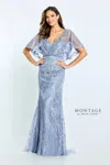 Montage M511 Long Formal Detachable Capelet Lace Dress In Blue