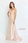 Montage M520 Long Formal Beaded Floral Evening Dress In Gold