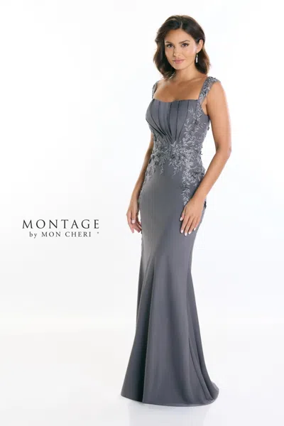 Montage M521 Beaded Long Formal 3d Floral Applique Evening Dress In Gray