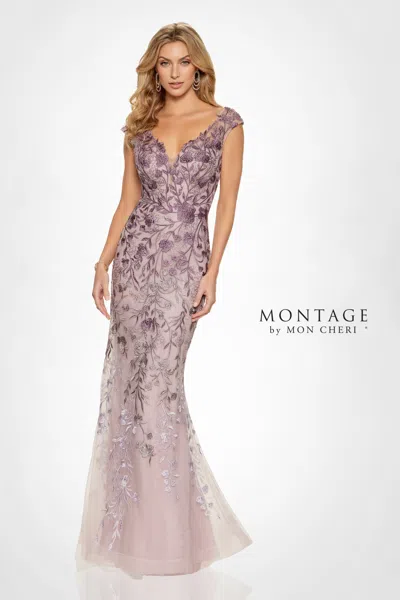 Montage M522 Beaded Floral Long Formal Ombre Evening Dress In Gray