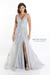 Montage M527 A Line Long Formal Beaded Evening Dress In Silver
