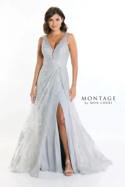 Montage M527 A Line Long Formal Beaded Evening Dress In Silver