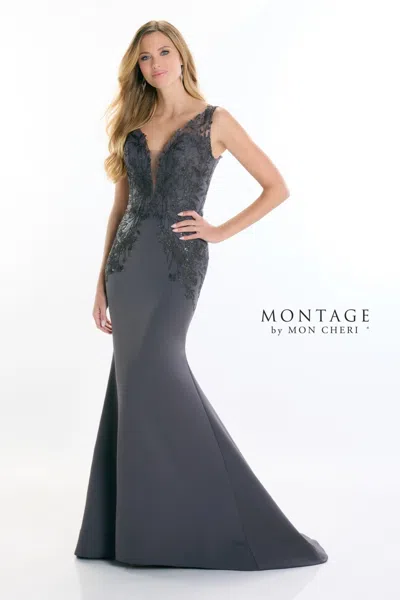 Montage M528 Long Fitted Formal Beaded Evening Dress In Gray