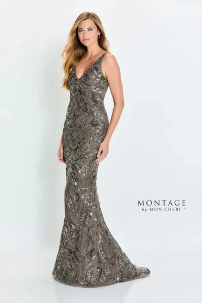 Montage M531 Beaded Sequin Long Formal Fitted Evening Dress In Gray
