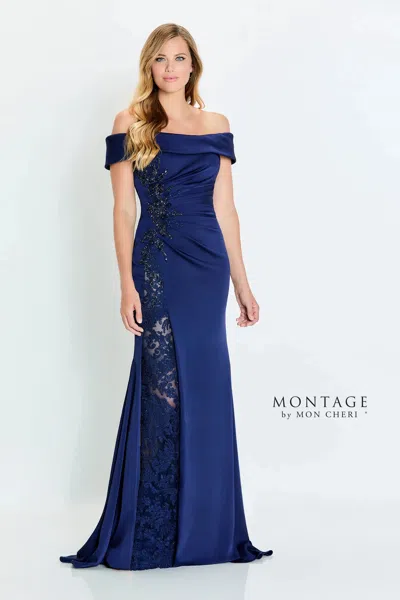 Montage M535 Long Formal Beaded Lace Applique Evening Dress In Blue