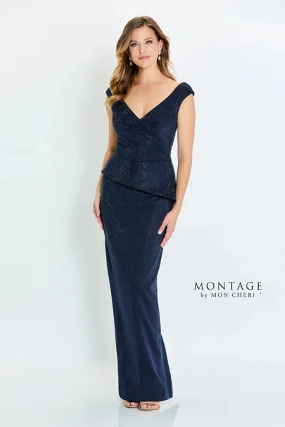 Montage M536 Long Formal Peplum Beaded Evening Dress In Blue