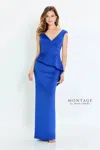 Montage M537 Fitted Long Formal Pleated Evening Dress In Blue