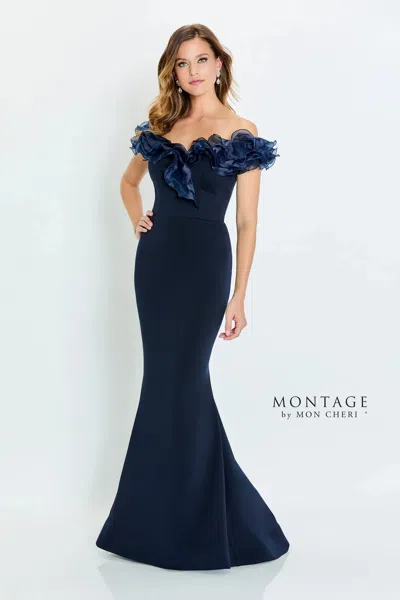 Montage M538 Fitted Formal Long Ruffle Evening Dress In Blue