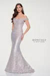 Montage M846 Long Evening Fitted Mermaid Floral Formal Dress In Gray