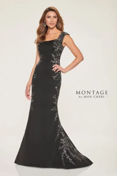 Montage M847 Long Floral Lace Formal Dress In Black