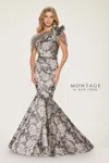 Montage M853 Fitted Long Beaded Belt Formal Dress In Gray