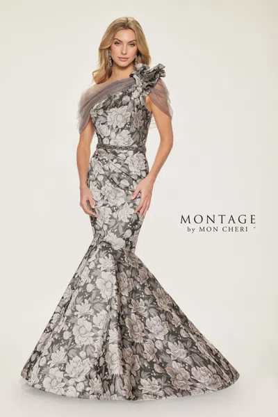 Montage M853 Fitted Long Beaded Belt Formal Dress In Gray