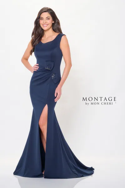 Montage M903 Long Fitted Formal Beaded Evening Dress In Blue