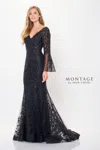 Montage M906 Sequin Long Formal Removable Sleeve Evening Dress In Black