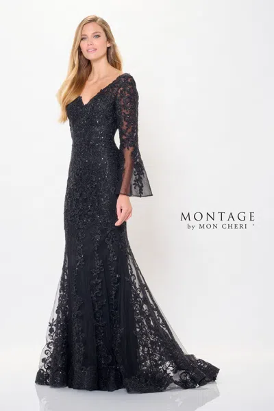 Montage M906 Sequin Long Formal Removable Sleeve Evening Dress In Black