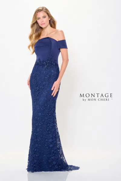 Montage M907 Long Beaded Sequin Formal Evening Dress In Blue