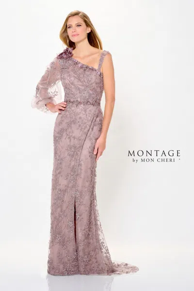 Montage M913 Long Formal Beaded 3d Floral Applique Evening Dress In Brown