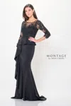 Montage M914 Long Beaded Formal Peplum Evening Dress In Black