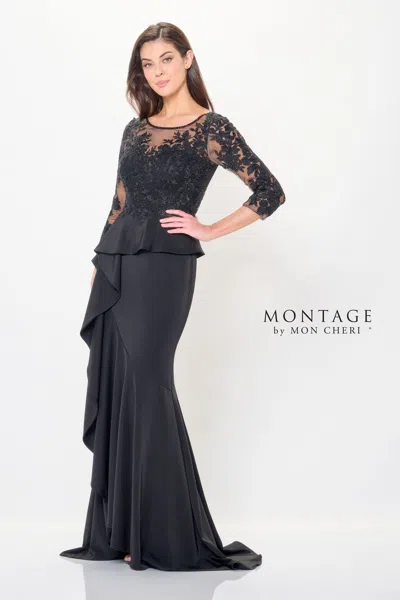 Montage M914 Long Beaded Formal Peplum Evening Dress In Black