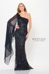 Montage M920 Long Formal Cape Sleeve Evening Dress In Black